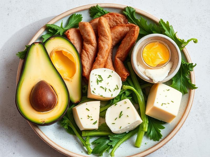 Alimentos da dieta low carb incluindo carnes magras, ovos, abacate, vegetais verdes e oleaginosas